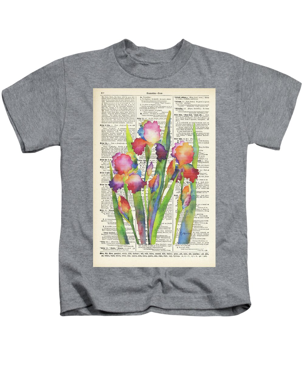 Iris Kids T-Shirt featuring the painting Iris Elegance on Vintage Dictionary by Hailey E Herrera