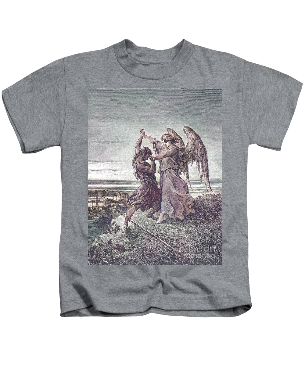 Jacob Kids T-Shirt featuring the drawing Jacob Wrestling with the Angel by Gustave Dore v2 by Historic illustrations