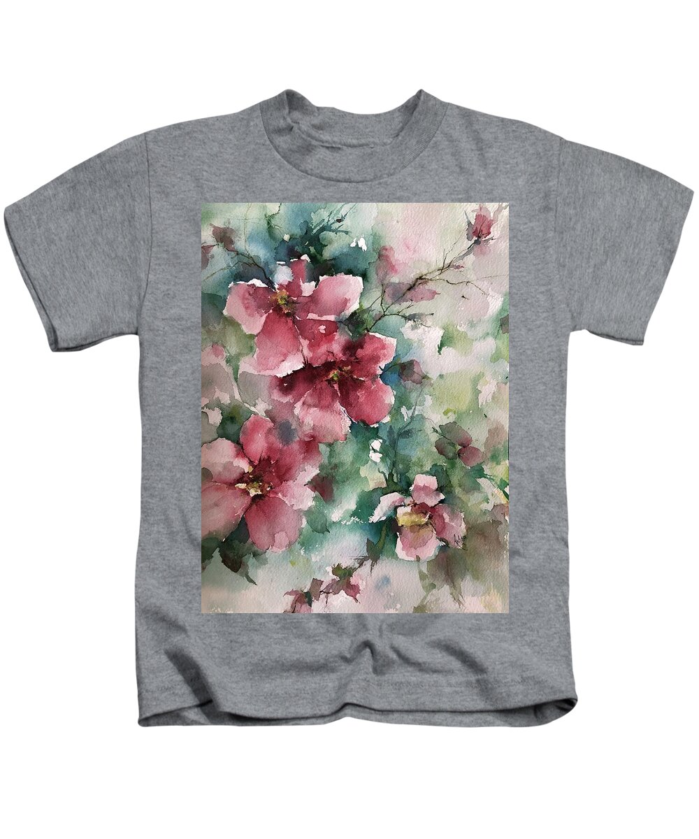  Kids T-Shirt featuring the painting Japonicas Grace by Robin Miller-Bookhout