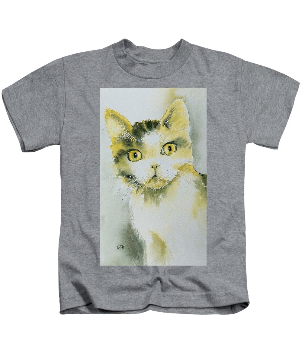  Kids T-Shirt featuring the painting Kitty in Green by Sandie Croft