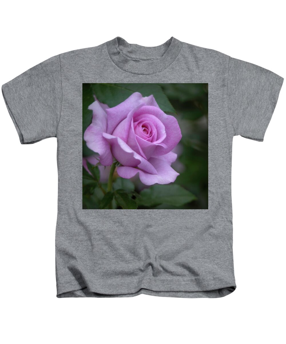 Rose Kids T-Shirt featuring the photograph Lavender Rosebud Square by Teresa Wilson