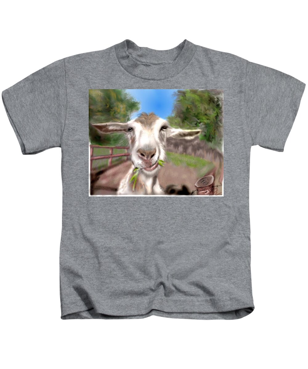 Goat Chewing Country Funny Goat Pencil Sketched Digitally Colored Kids T-Shirt featuring the mixed media Le Goat by Pamela Calhoun