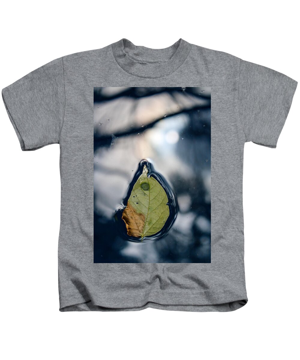 Leaf Kids T-Shirt featuring the photograph Leaf on Water, Sun Reflected by W Craig Photography