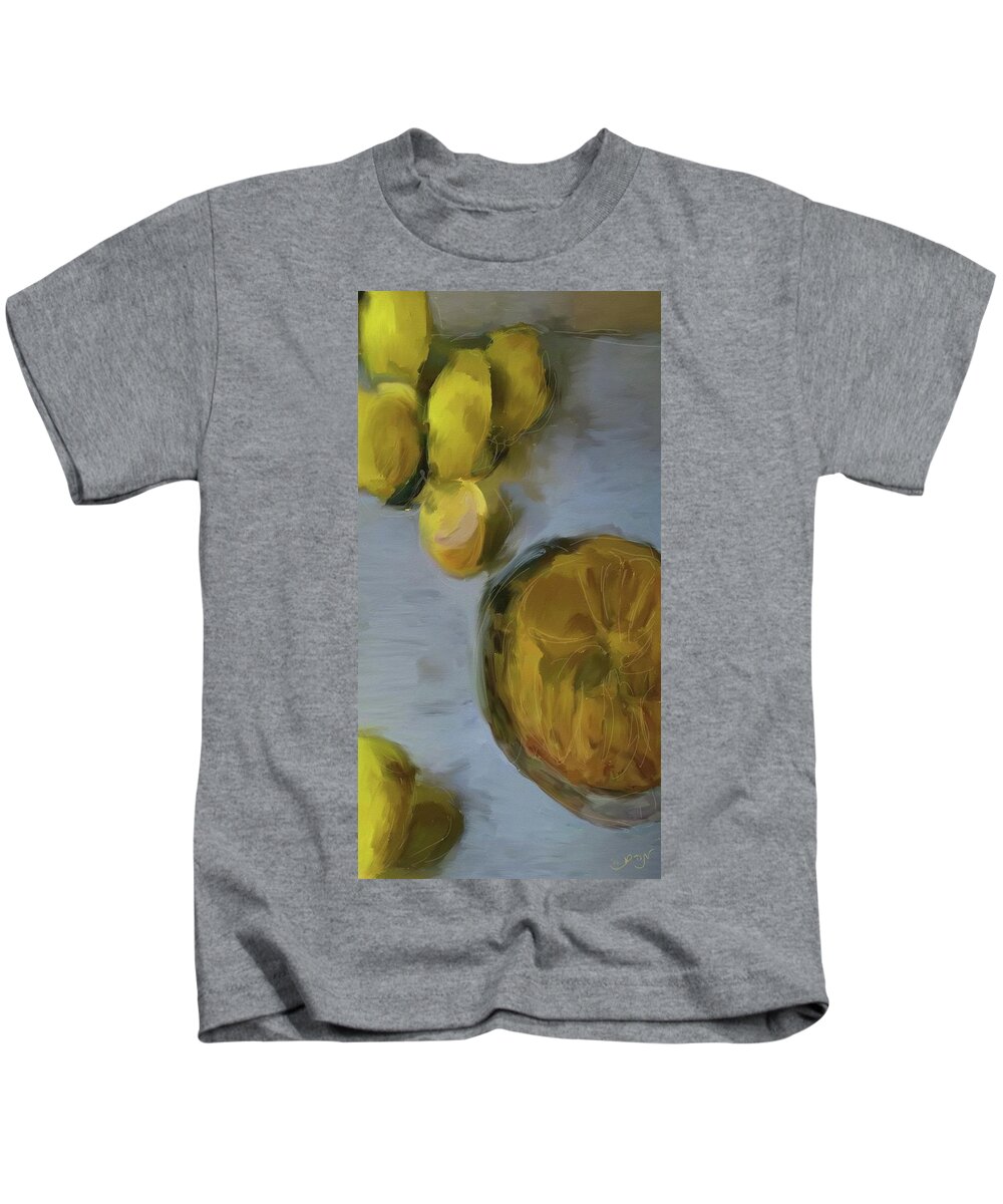 Lemons And Pie Kids T-Shirt featuring the painting Lemons Peaches and Pie sitting on a marbles countertop in the kitchen. Food art. Kitchen art. Pie. by MendyZ