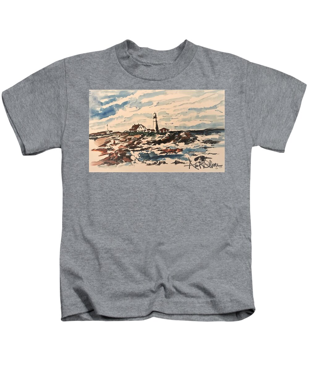  Kids T-Shirt featuring the painting Lighthouse by Angie ONeal