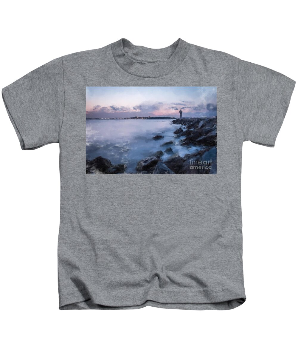 Lighthouse Sunset Kids T-Shirt featuring the painting Lighthouse Sunset by Gary Arnold