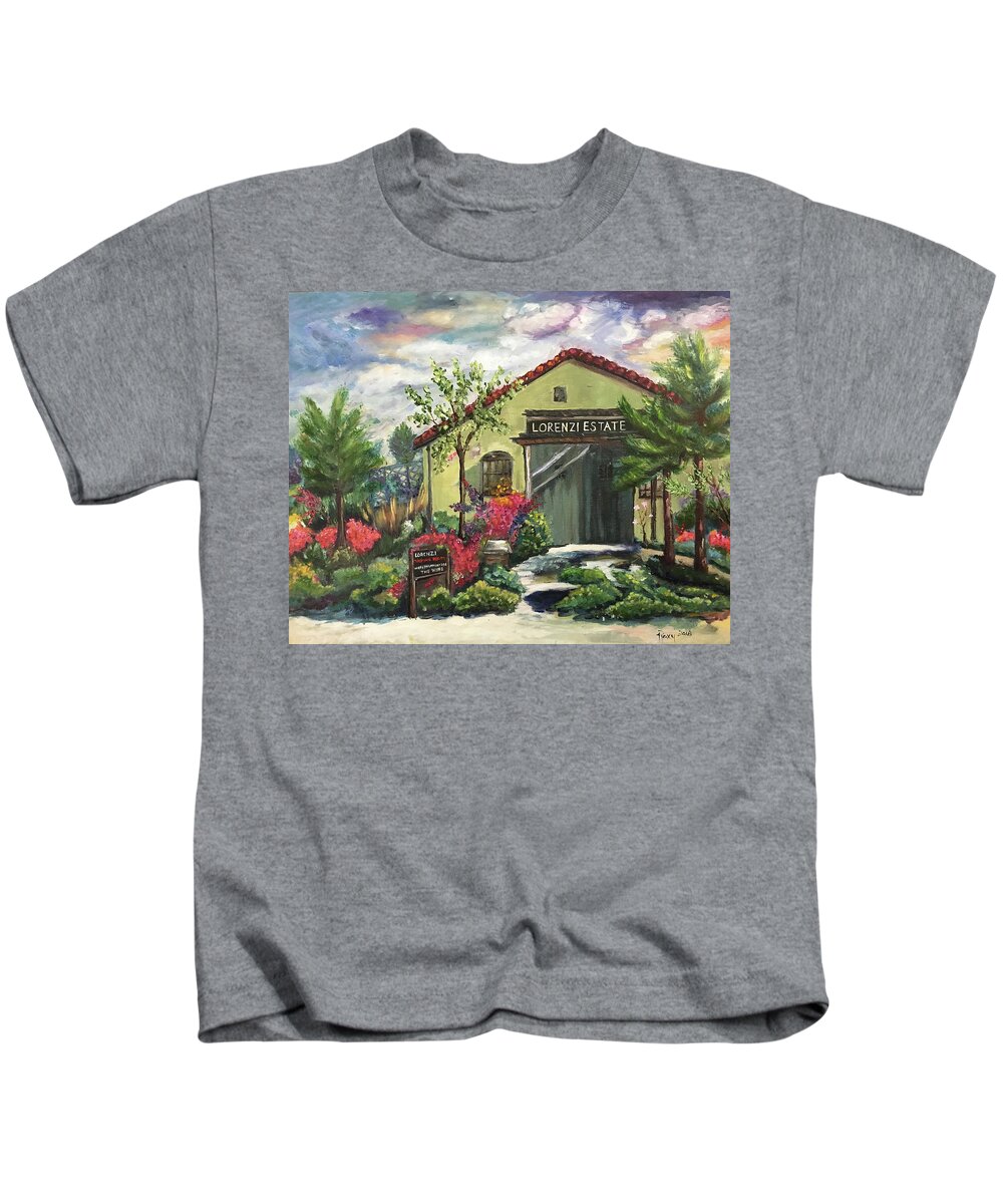 Lorenzi Kids T-Shirt featuring the painting Lorenzi Estate Winery by Roxy Rich