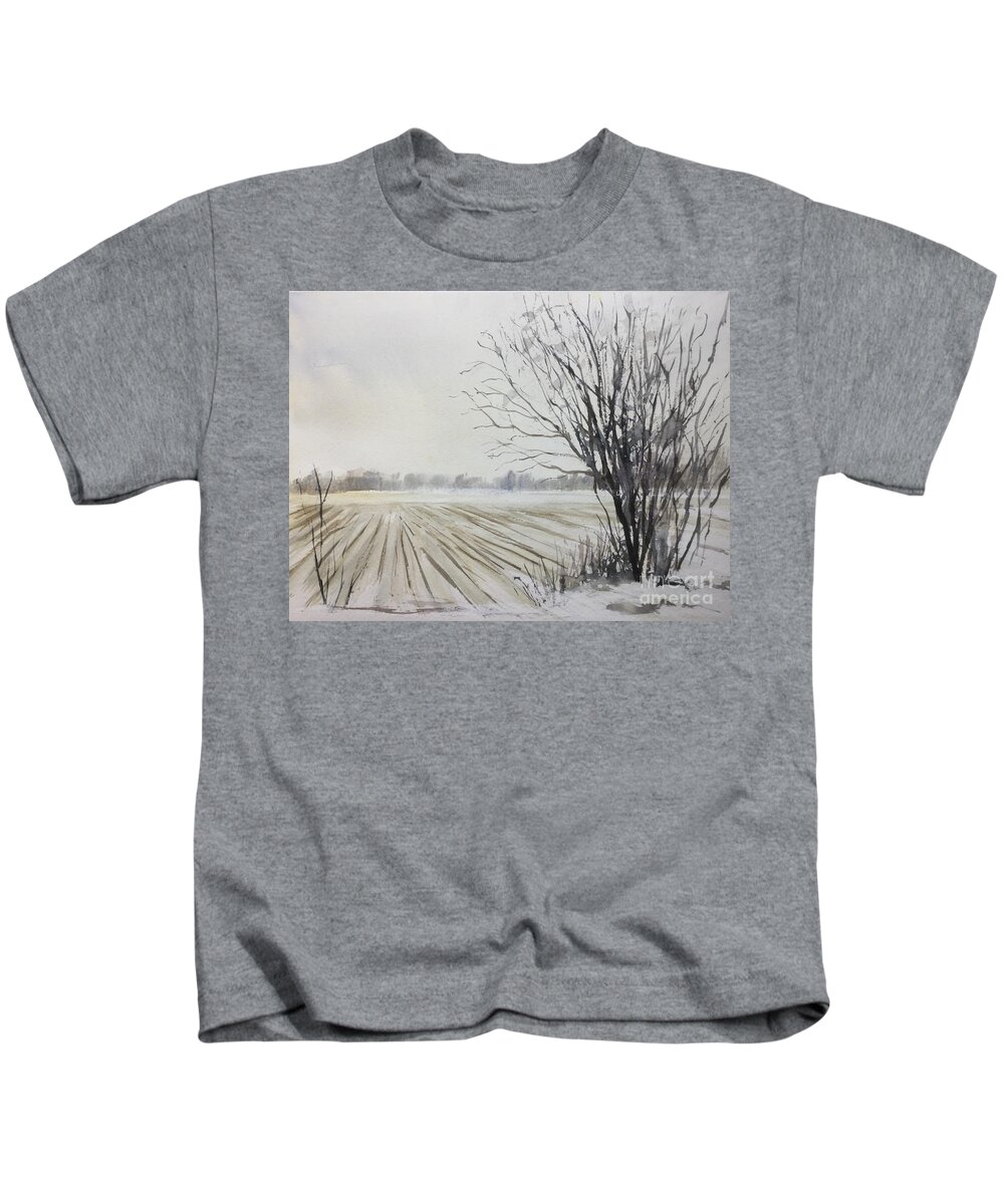 Lynden Farm Kids T-Shirt featuring the painting Lynden farm in winter by Watercolor Meditations