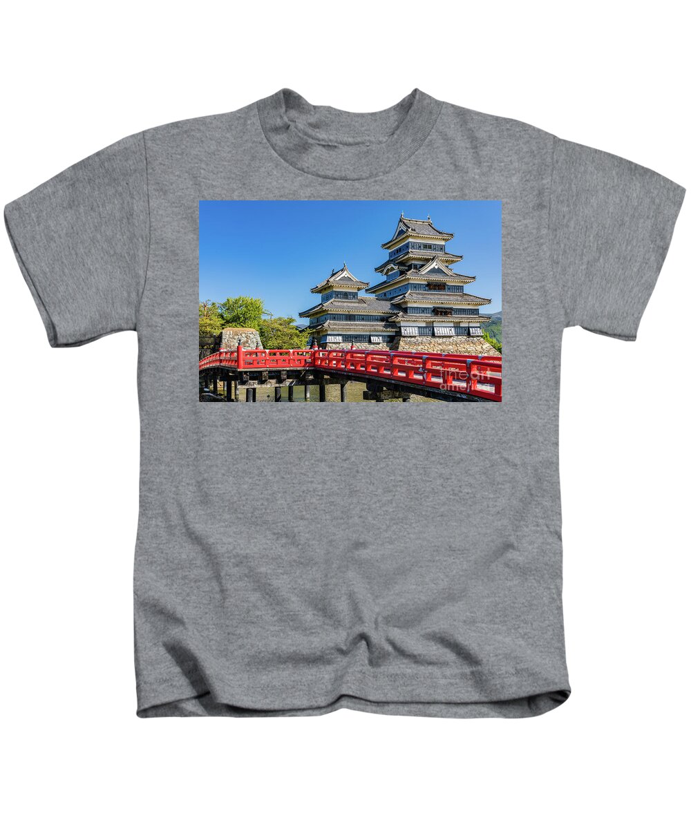Castle Kids T-Shirt featuring the photograph Matsumoto castle and bridge by Lyl Dil Creations