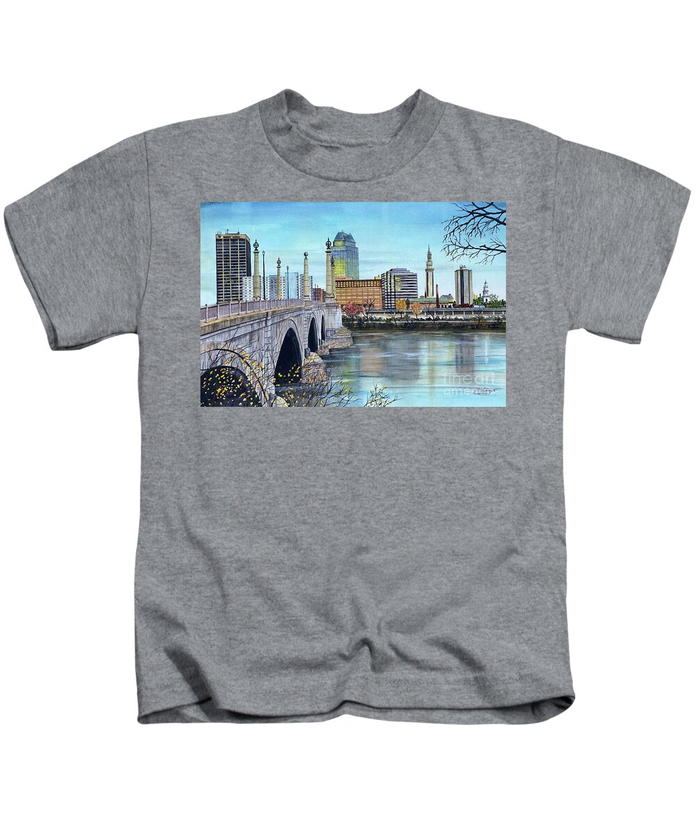 Bridge Kids T-Shirt featuring the painting Memorial Bridge to Springfield MA by Joseph Burger