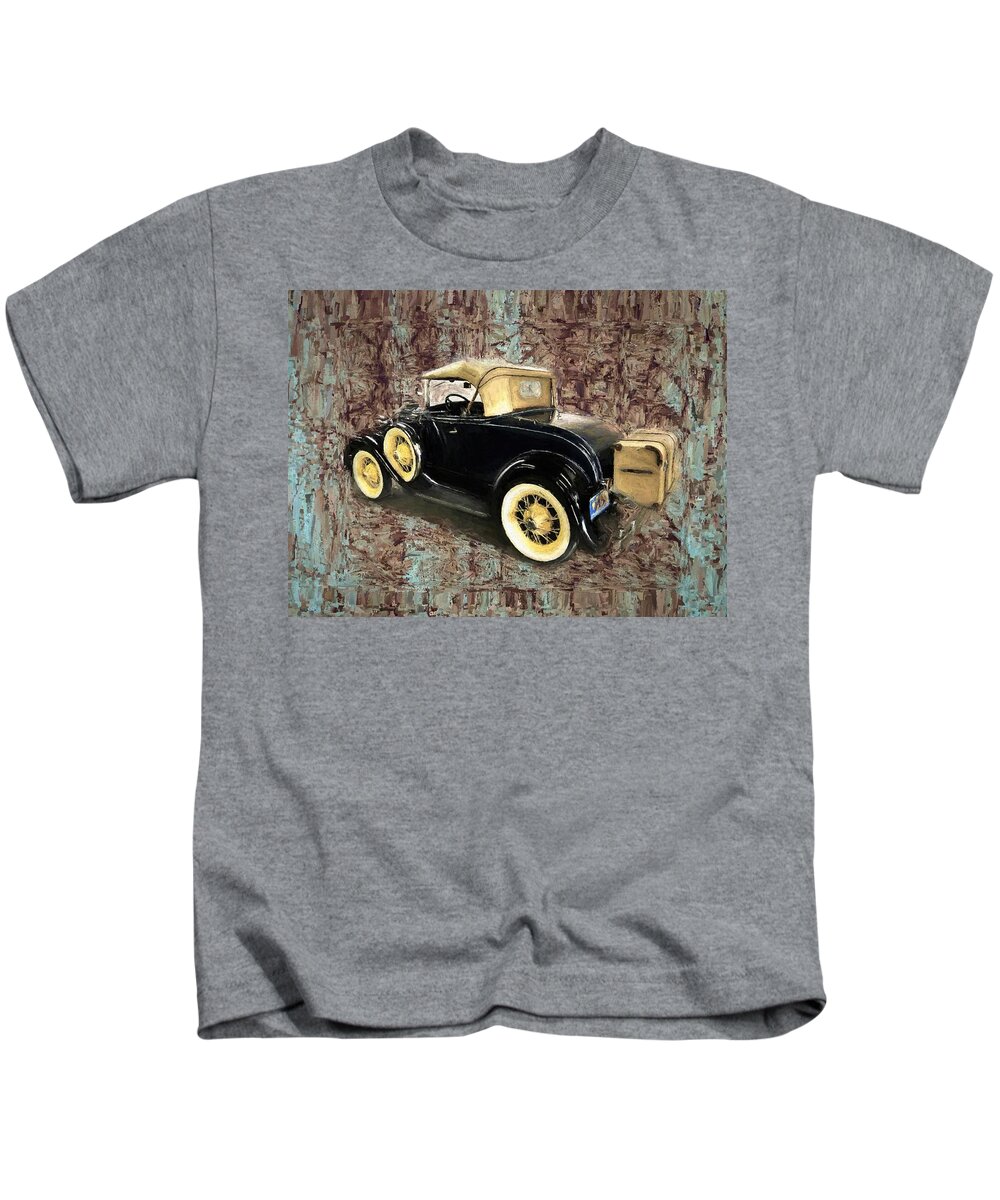 Classic Cars Kids T-Shirt featuring the mixed media Model A Deluxe 1931 Ford Convertible Soft Top by Joan Stratton