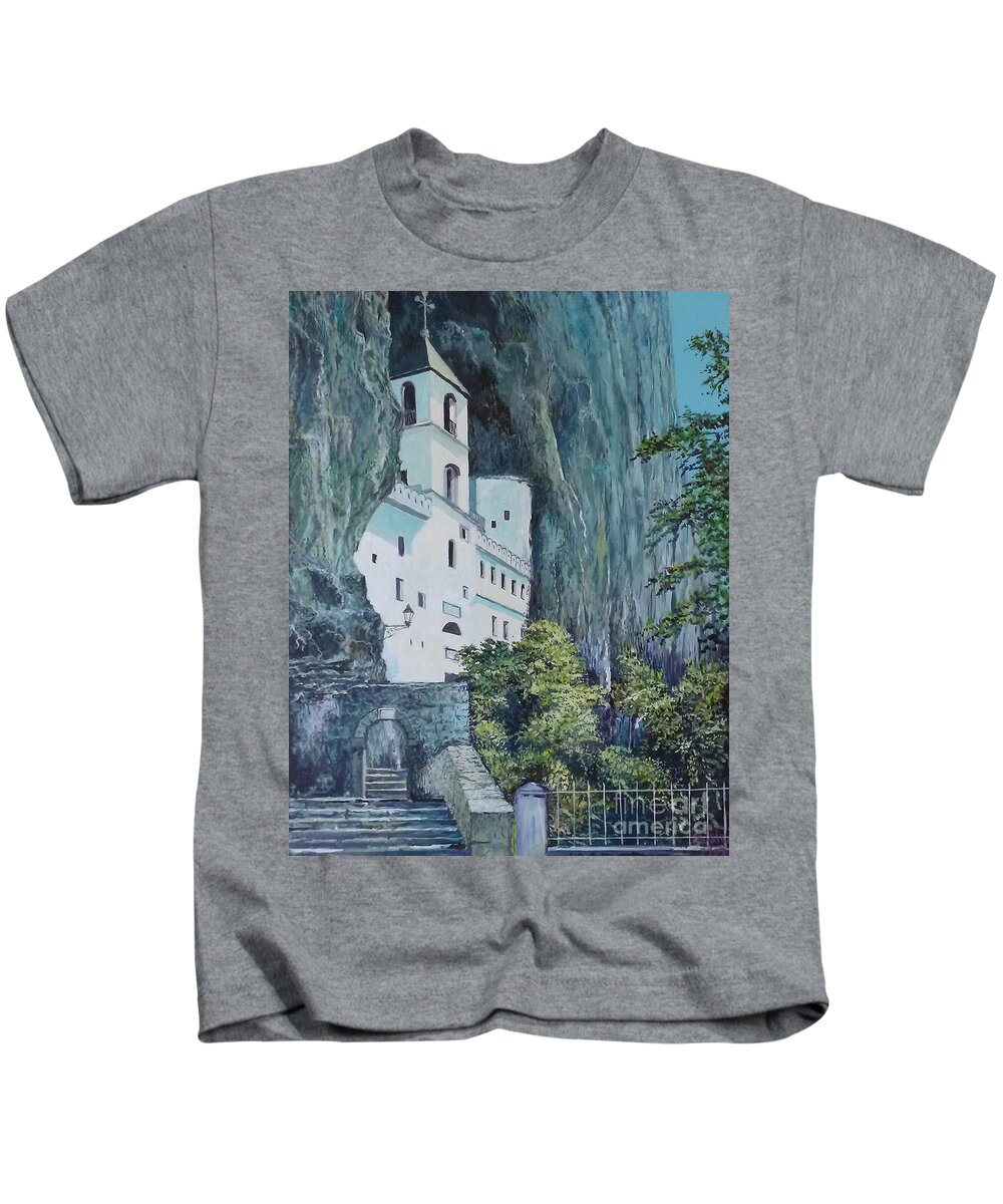 Architecture Kids T-Shirt featuring the painting Monastery Ostrog Montenegro by Sinisa Saratlic