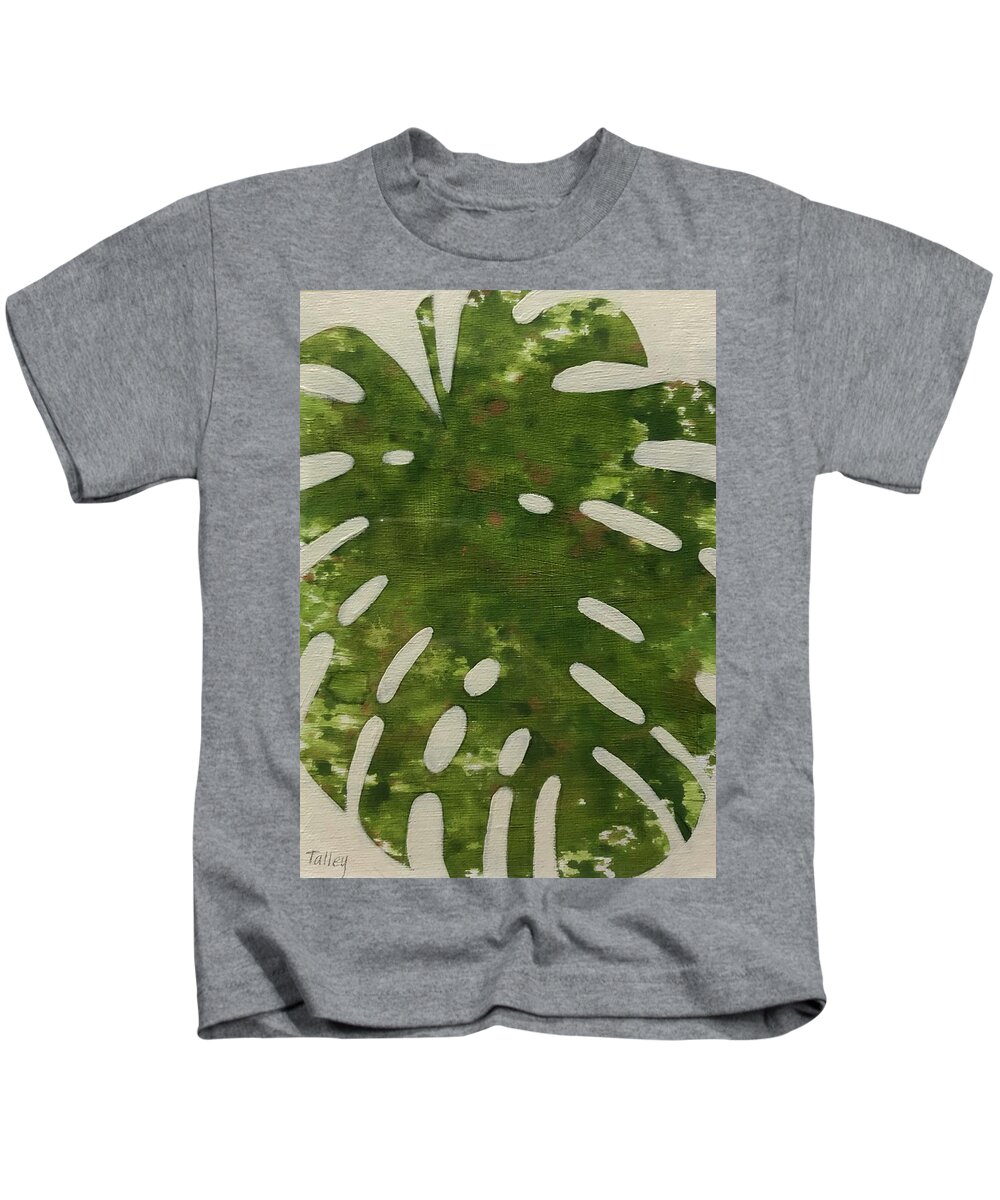 Monstera Dark Palm Abstract Leaf Swiss Cheese Plant Tropical Blooming Drips Kids T-Shirt featuring the painting Monstera Dark by Pam Talley