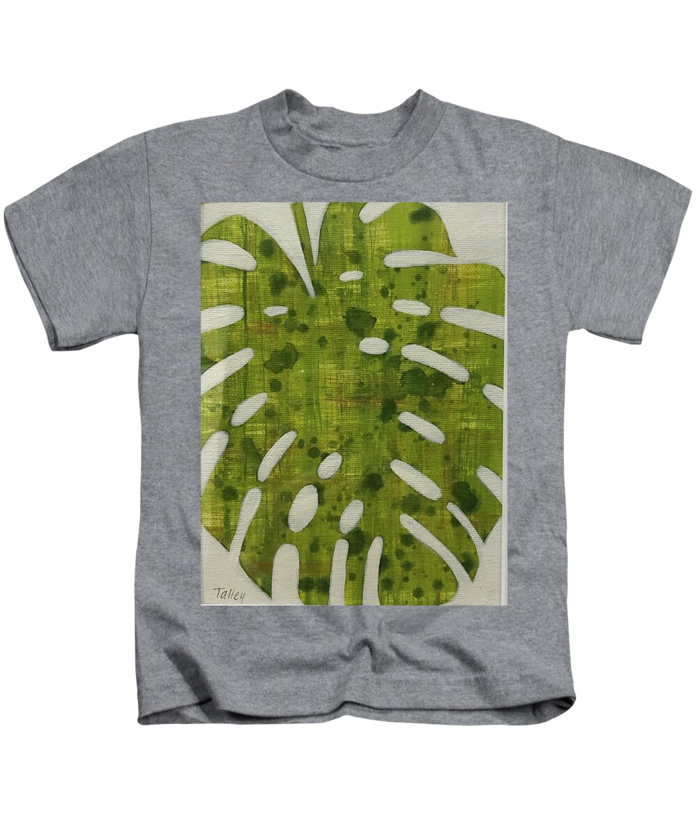 Monstera Green Texture Drop Drip Light Abstract Textile Texture Swiss Cheese Plant Tropical Plant Abstract Blooming Drips Palm Kids T-Shirt featuring the painting Monstera Light by Pam Talley