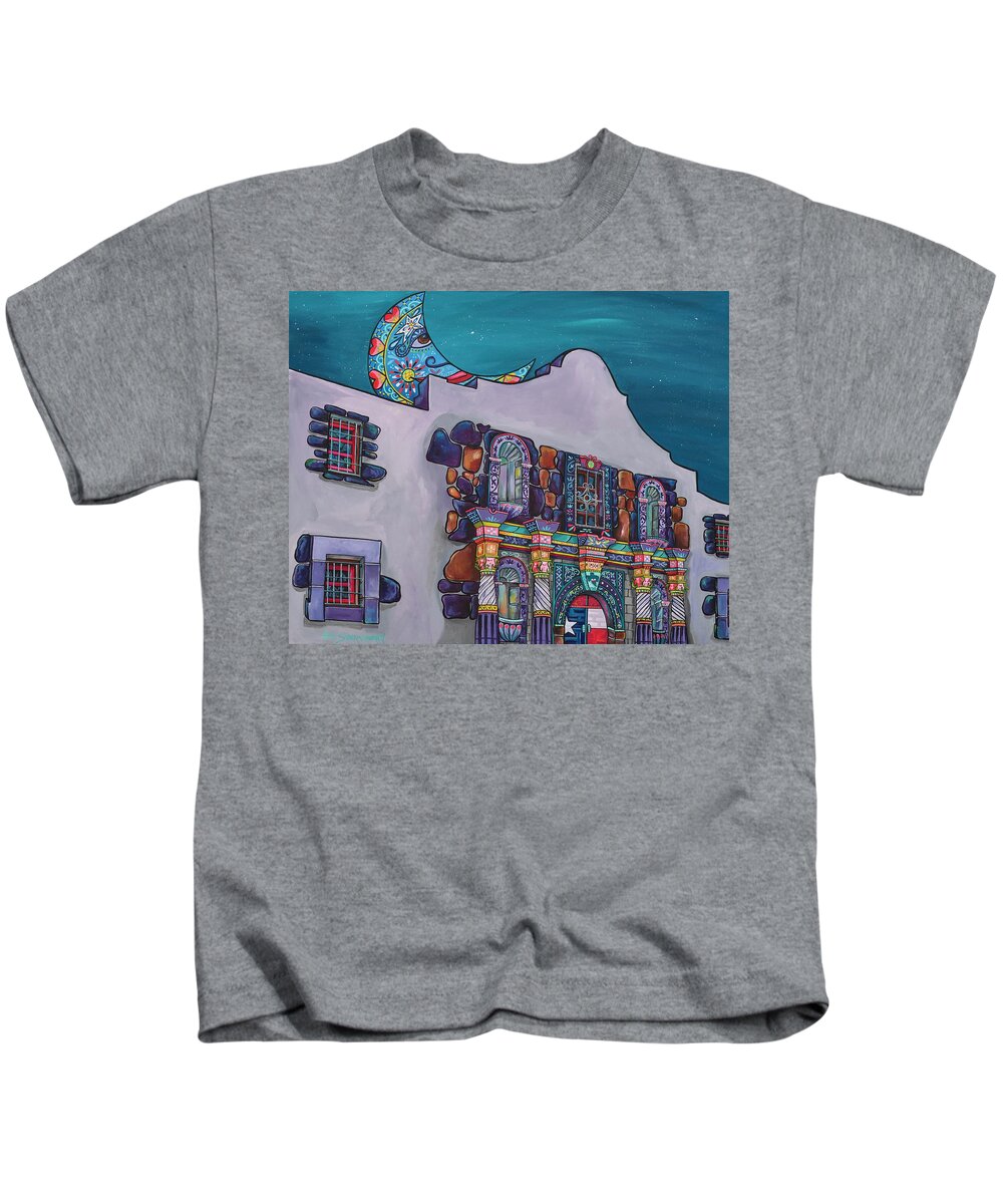 The Alamo Kids T-Shirt featuring the painting Moon Over The Alamo Talavera by Patti Schermerhorn