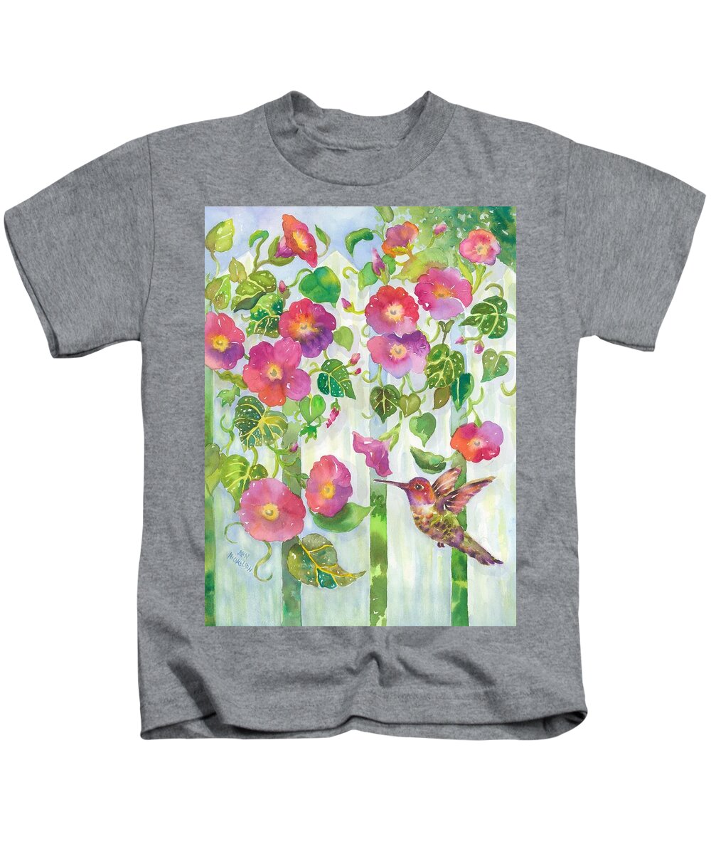 Pink Morning Glories Kids T-Shirt featuring the painting Morning Hummingbird by Ann Nicholson