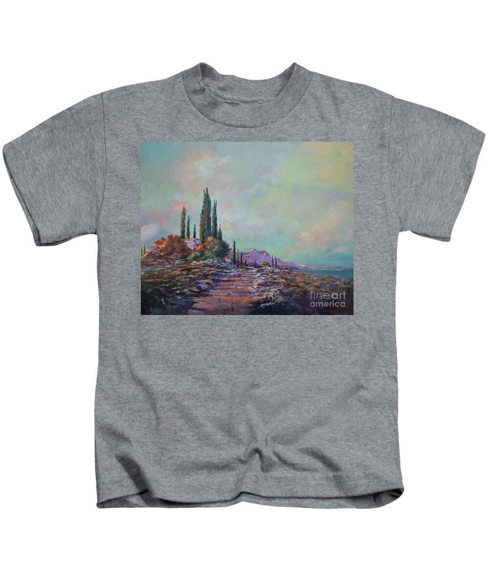 Seascape Kids T-Shirt featuring the painting Morning Mist by Sinisa Saratlic