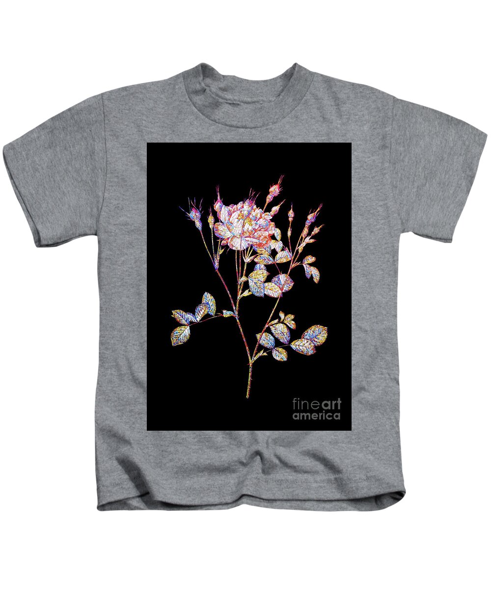 Holyrockarts Kids T-Shirt featuring the mixed media Mosaic Anemone Sweetbriar Rose Botanical Art On Black by Holy Rock Design