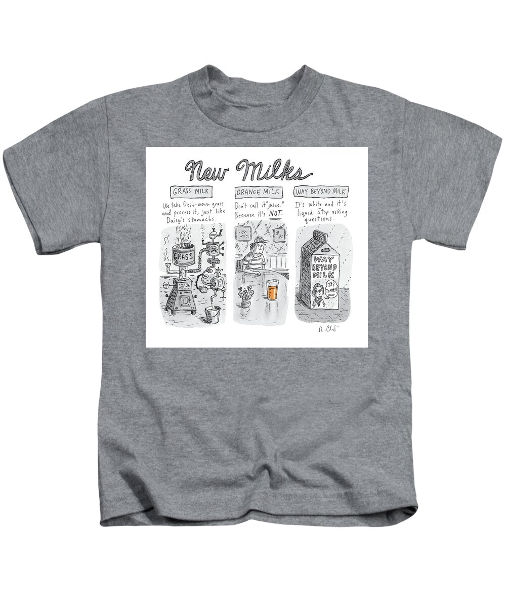Captionless Kids T-Shirt featuring the drawing New Milks by Roz Chast