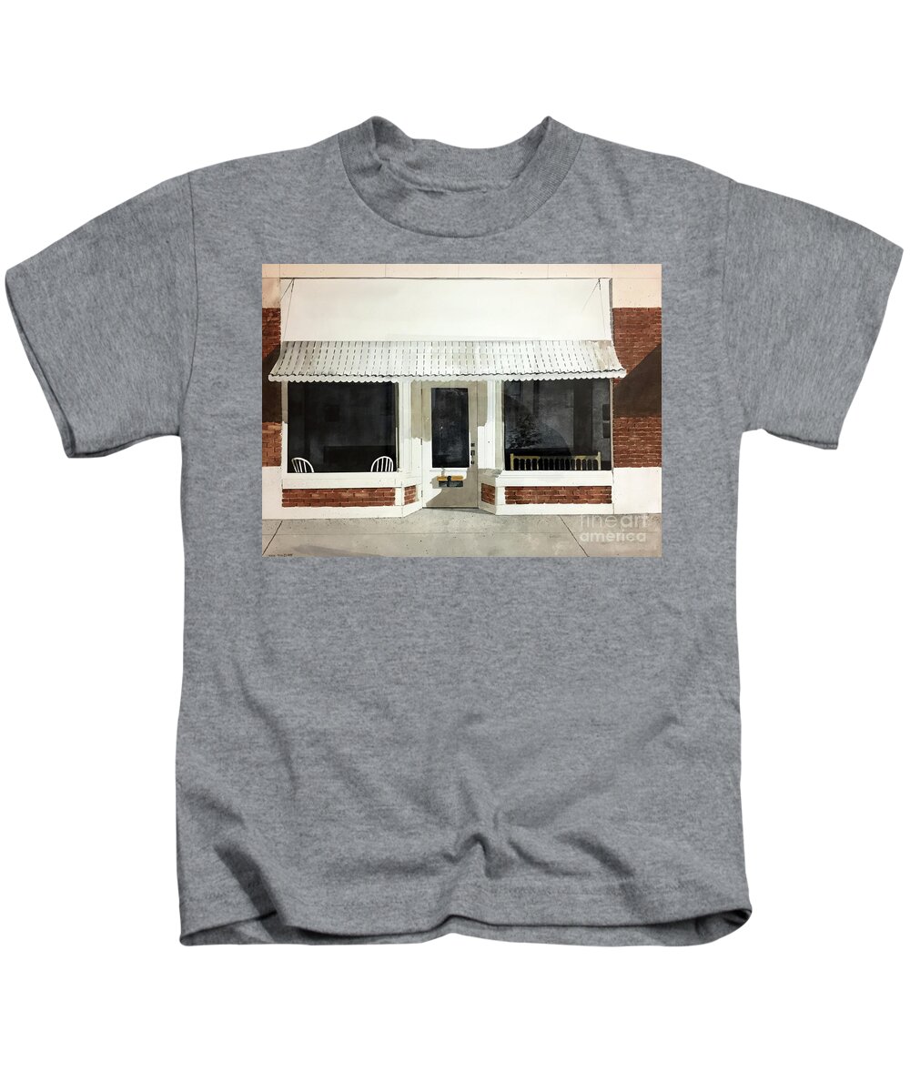 The West Side Of The Terminal Building In Coffeyville Kids T-Shirt featuring the painting No Buses Today by Monte Toon