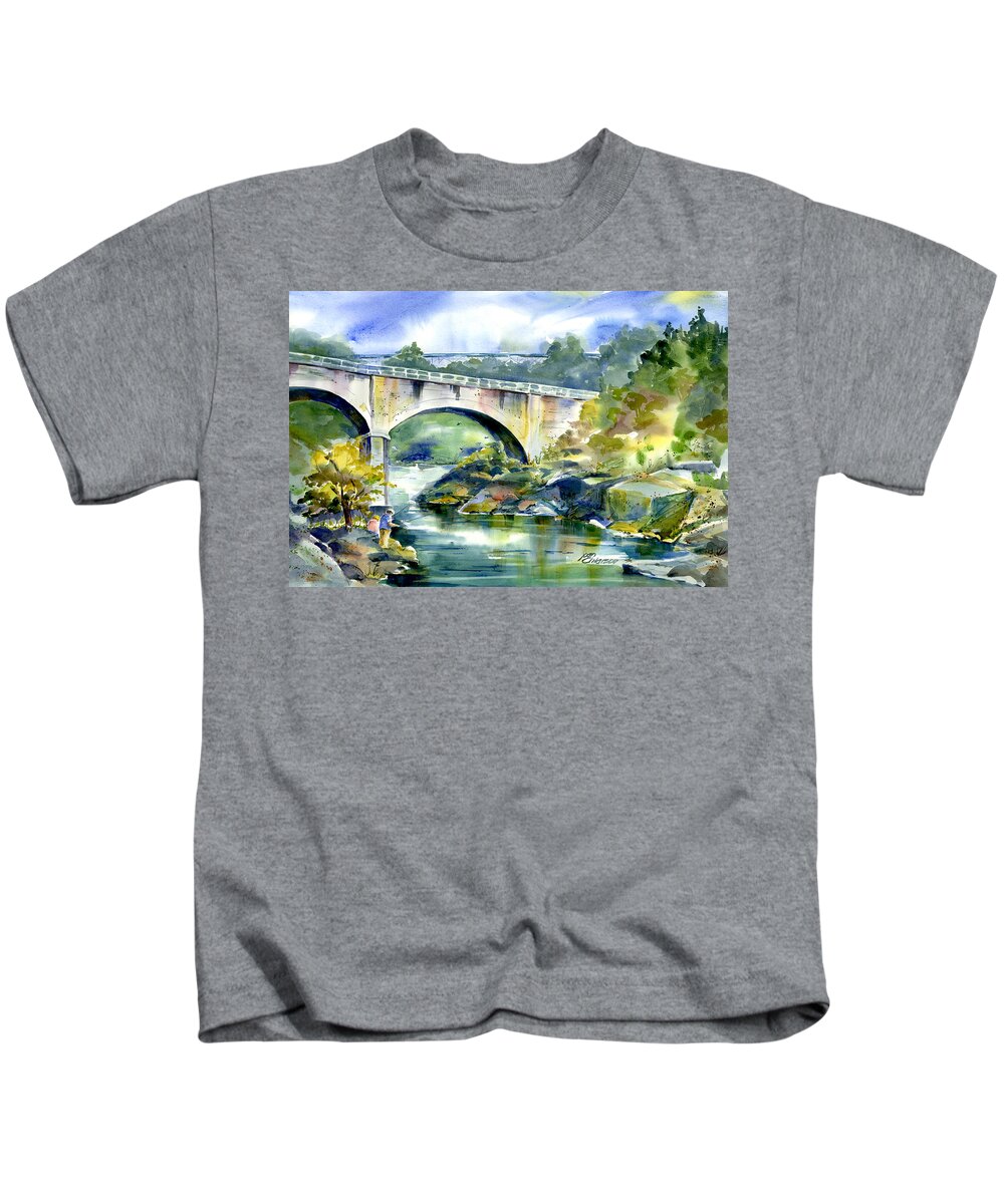 No Hands Bridge Kids T-Shirt featuring the painting NoHandsFishing#2 by Joan Chlarson