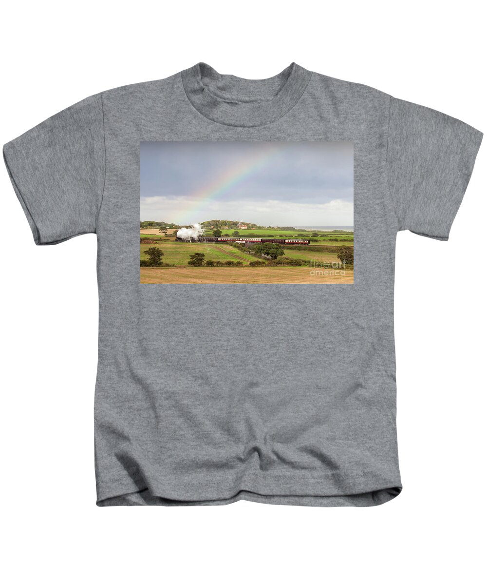 Weybourne Kids T-Shirt featuring the photograph Norfolk steam train with Weybourne windmill and rainbow by Simon Bratt