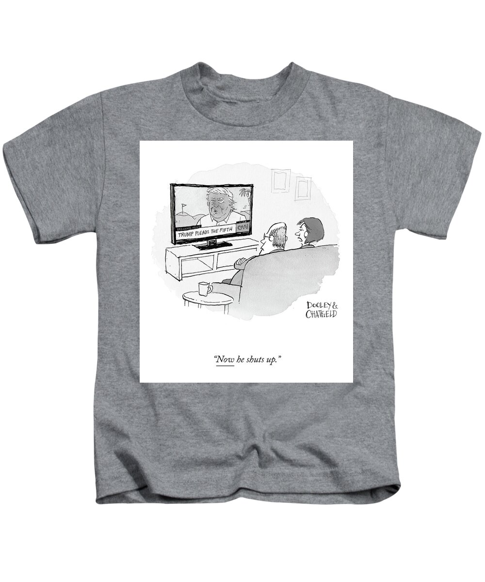 “now He Shuts Up.” Kids T-Shirt featuring the drawing Now He Shuts Up by Jason Chatfield and Scott Dooley