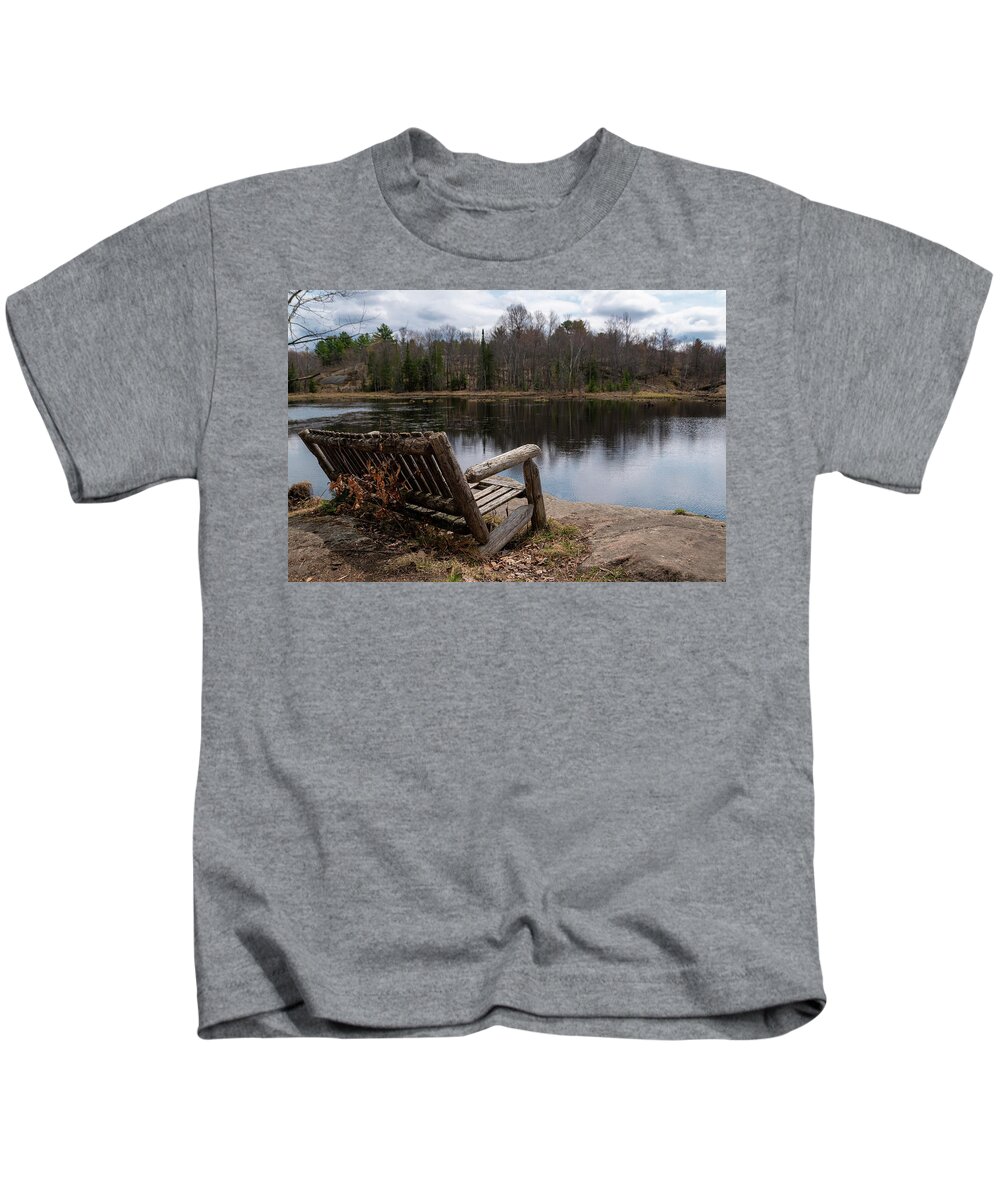 Cooper's Falls Trail Kids T-Shirt featuring the photograph Old Bench Overlooking a Lake in Ontario by John Twynam