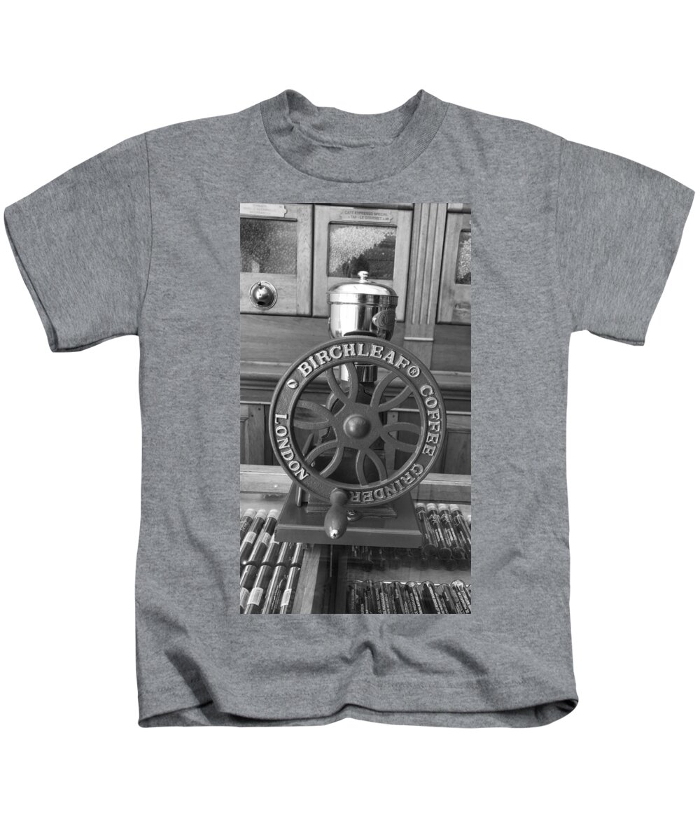 All Kids T-Shirt featuring the digital art Old Coffee Grinder Black and White KN64 by Art Inspirity