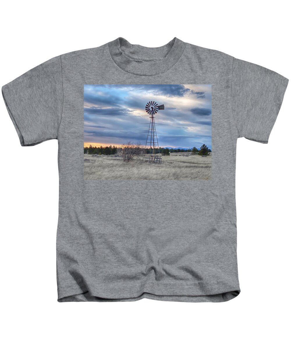 Winter Kids T-Shirt featuring the photograph Old Windmill at Sunset by Jerry Abbott