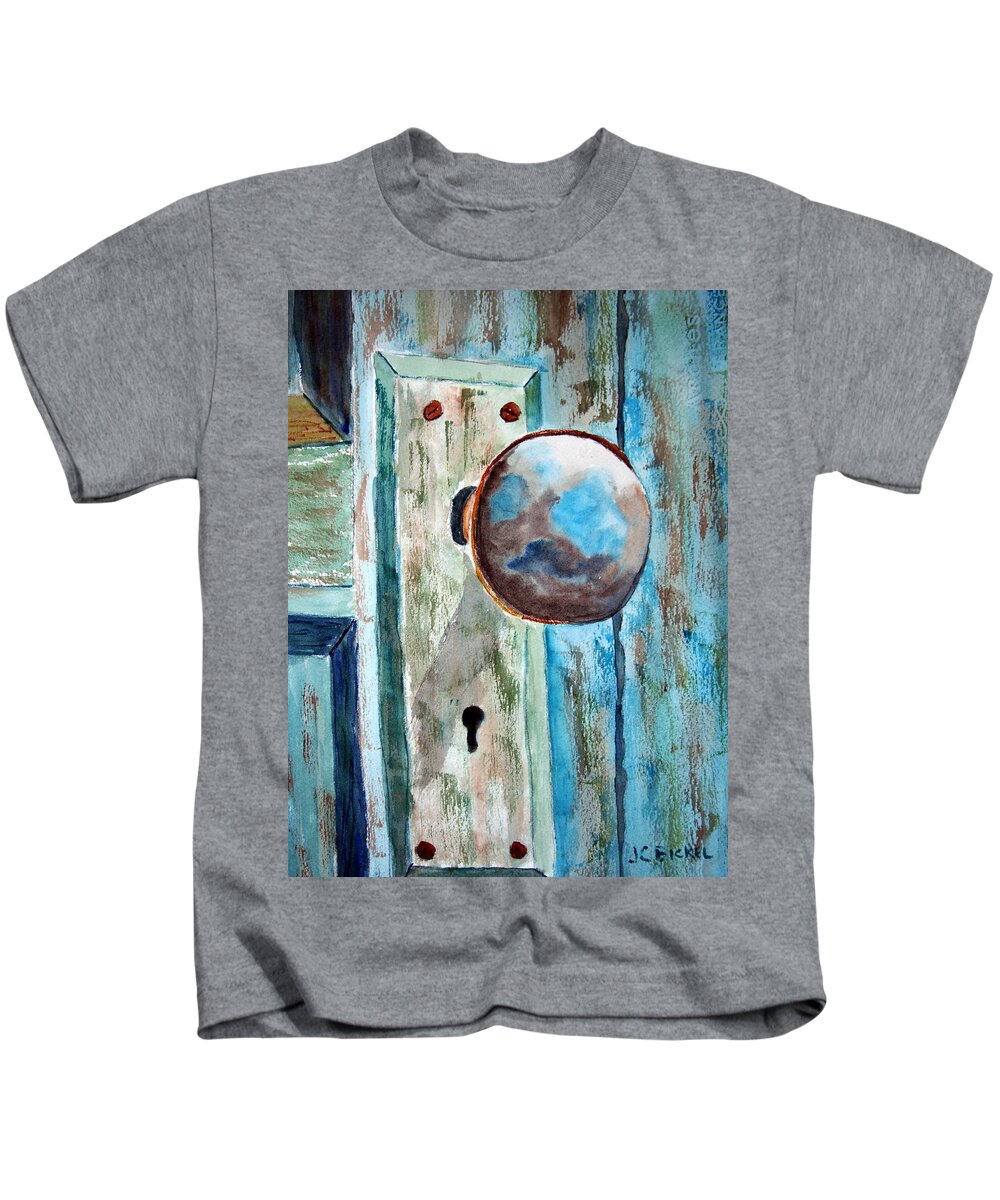 Door Knob Kids T-Shirt featuring the painting On the Old Farm by Jacquelin Bickel
