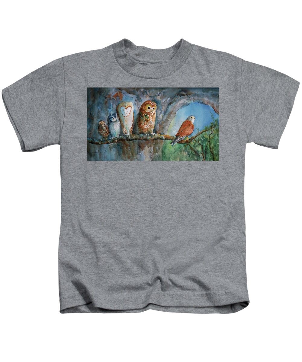 Birds Kids T-Shirt featuring the painting Out on a Limb by Sue Kemp