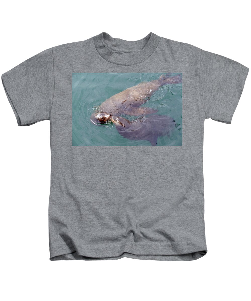 Bay Kids T-Shirt featuring the photograph Pair of male California sea lions swim by Steve Estvanik