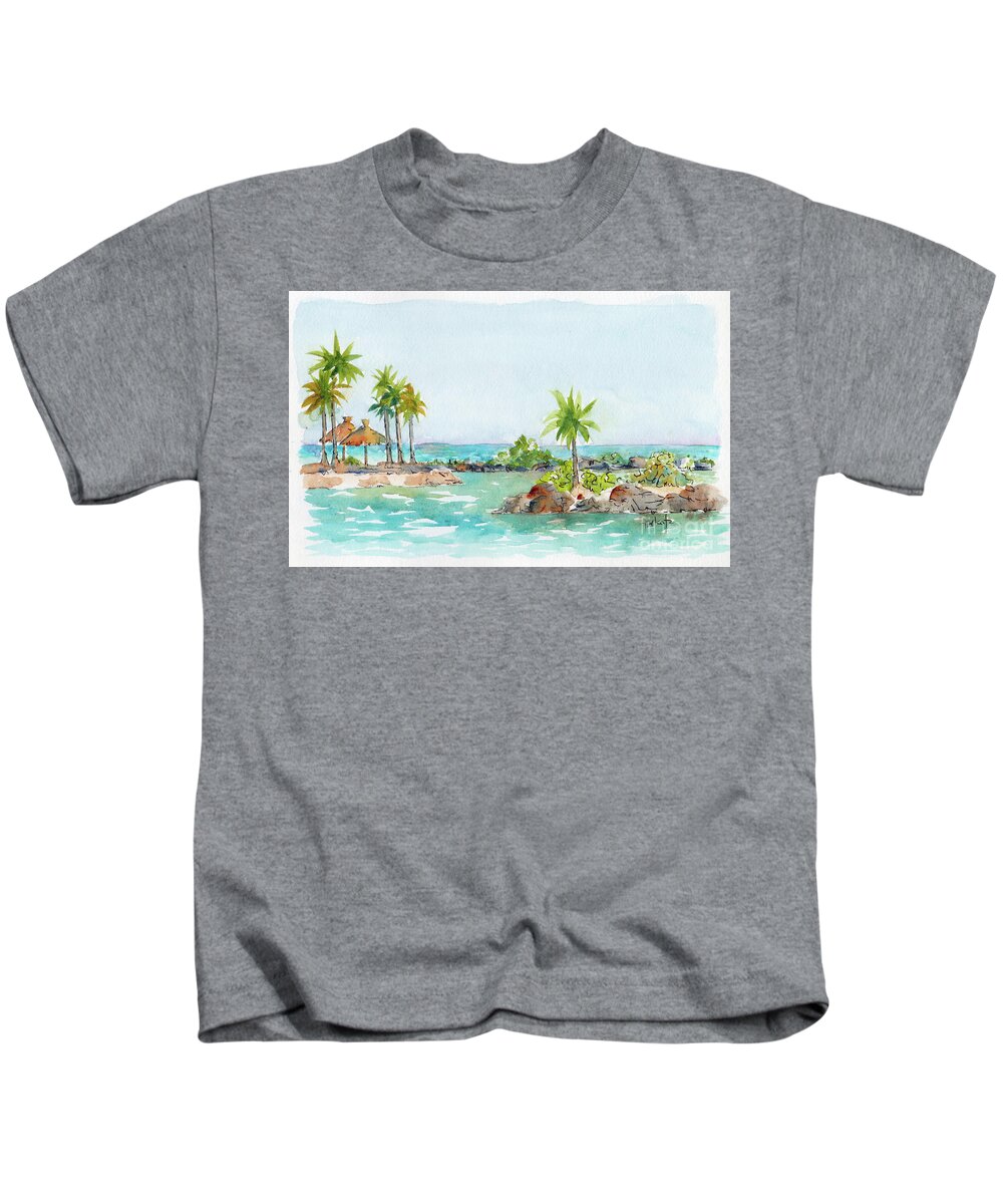 Impressionism Kids T-Shirt featuring the painting Palapas On The Rocks Puerto Aventuras by Pat Katz