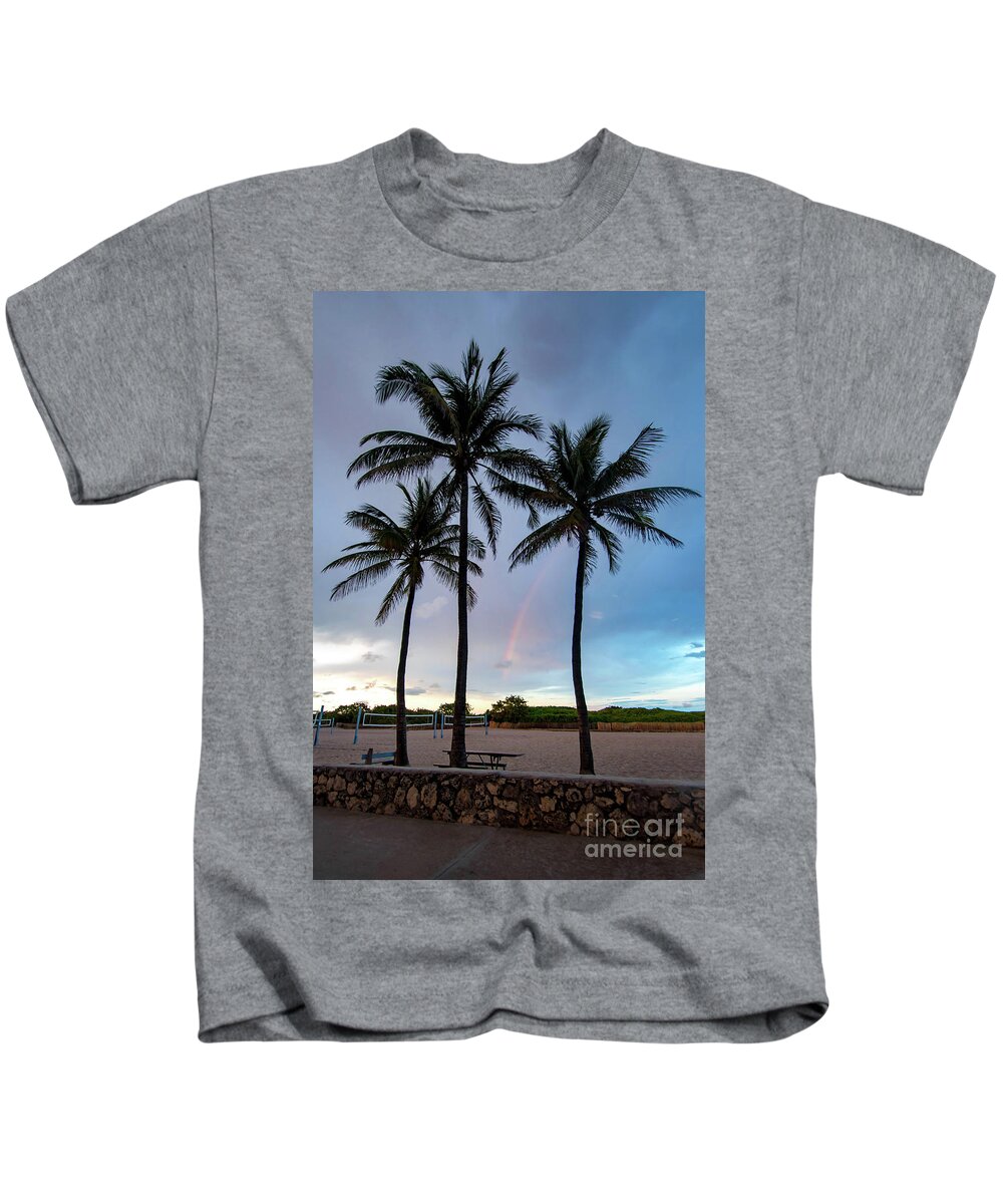 Rainbow Kids T-Shirt featuring the photograph Palm Tree Rainbow, South Beach, Miami, Florida by Beachtown Views