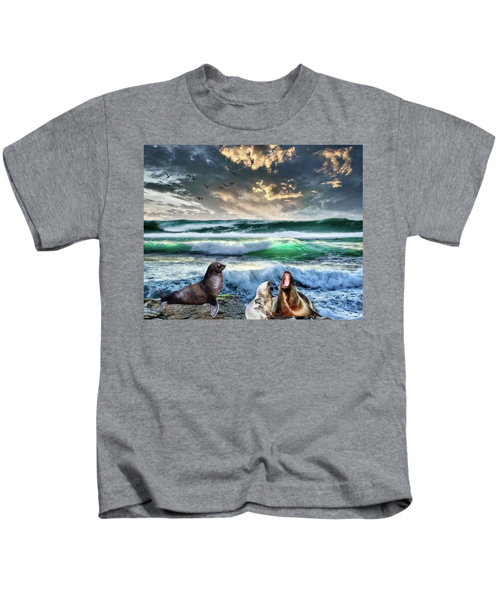 Sea Lions Kids T-Shirt featuring the digital art Peaceful Turbulence by Norman Brule
