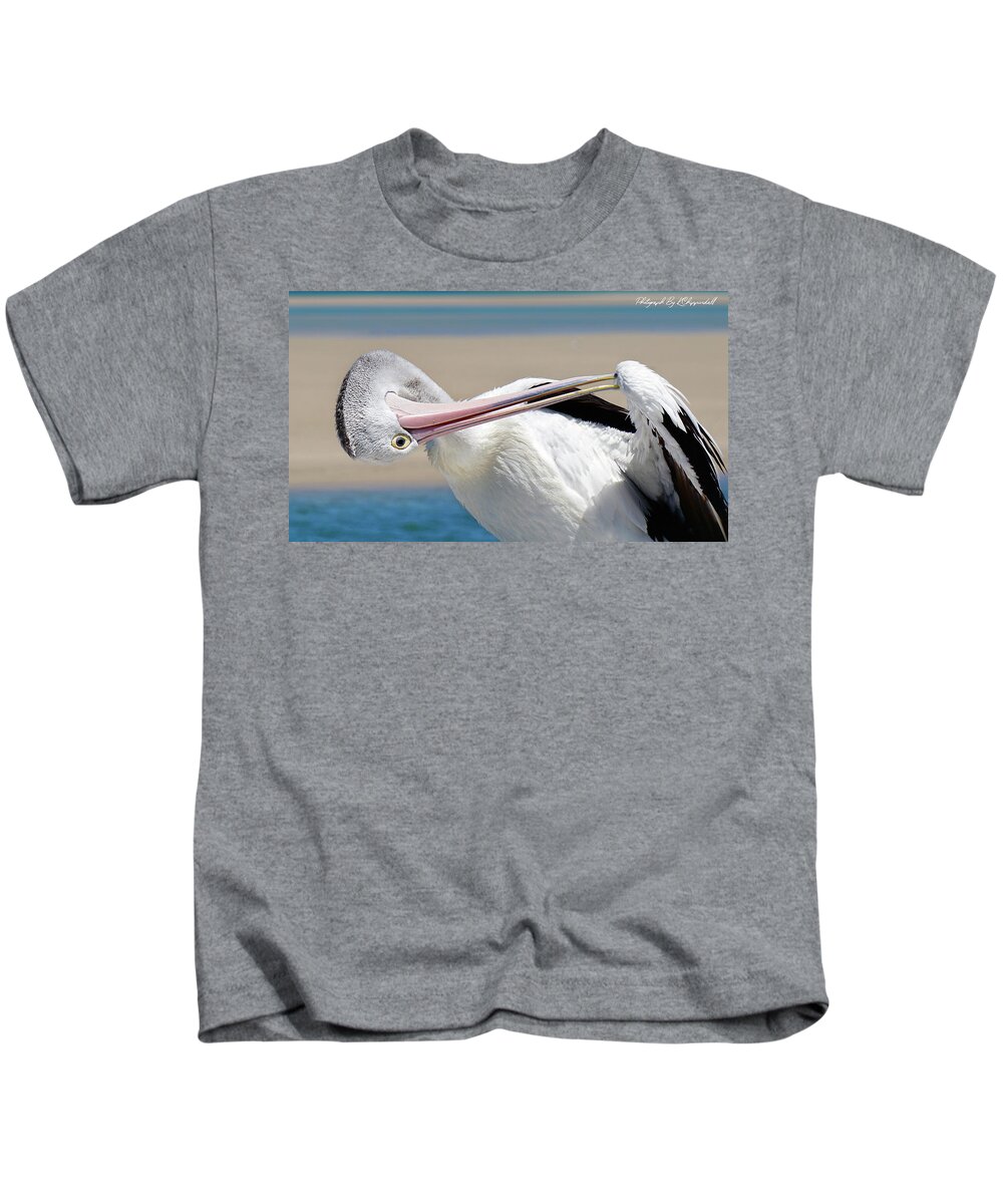 Australian Pelican Kids T-Shirt featuring the digital art Pelican care 027 by Kevin Chippindall