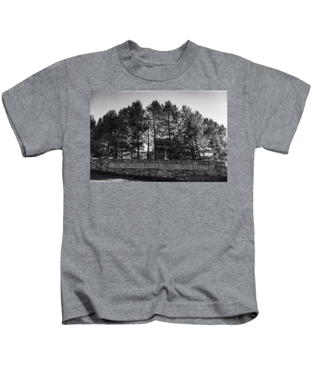 State College Pennsylvania Kids T-Shirt featuring the photograph Pennsylvania State University sign in black and white by Eldon McGraw