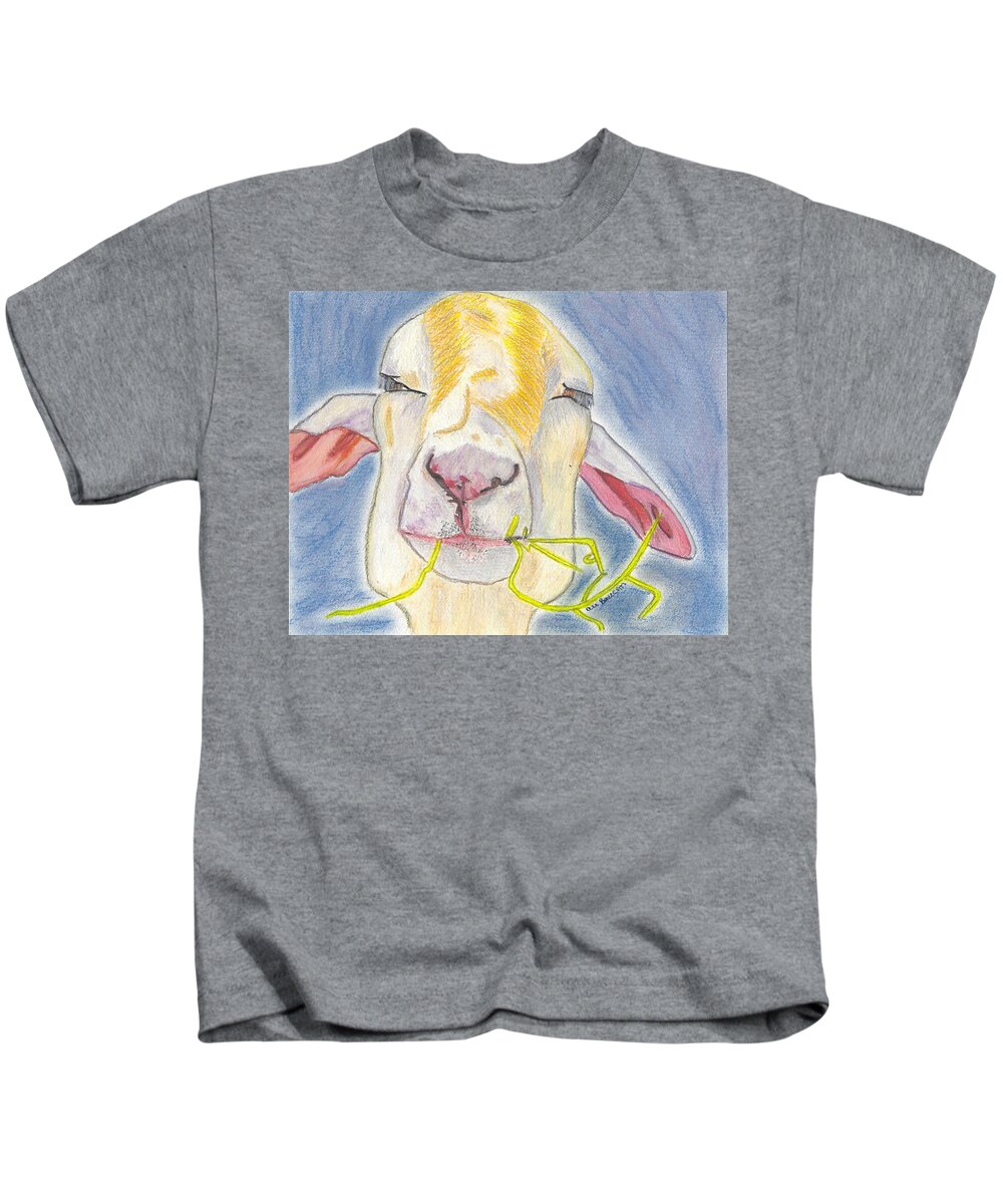 Goat Kids T-Shirt featuring the mixed media Percival a Fun Adorable Mixed Media Goat Chewing Straw Drawing by Ali Baucom
