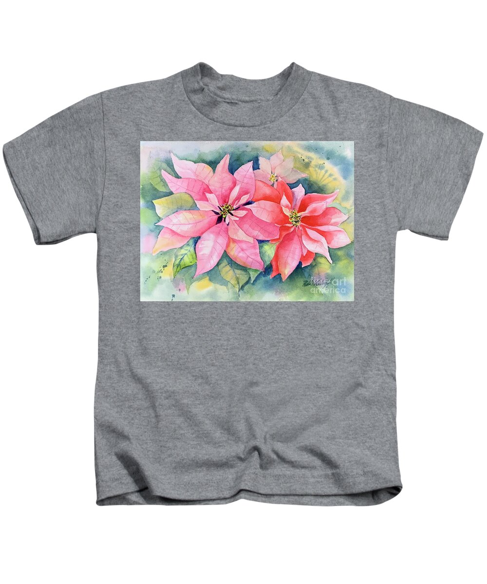 Pink Kids T-Shirt featuring the painting Pink Poinsettias by Hilda Vandergriff