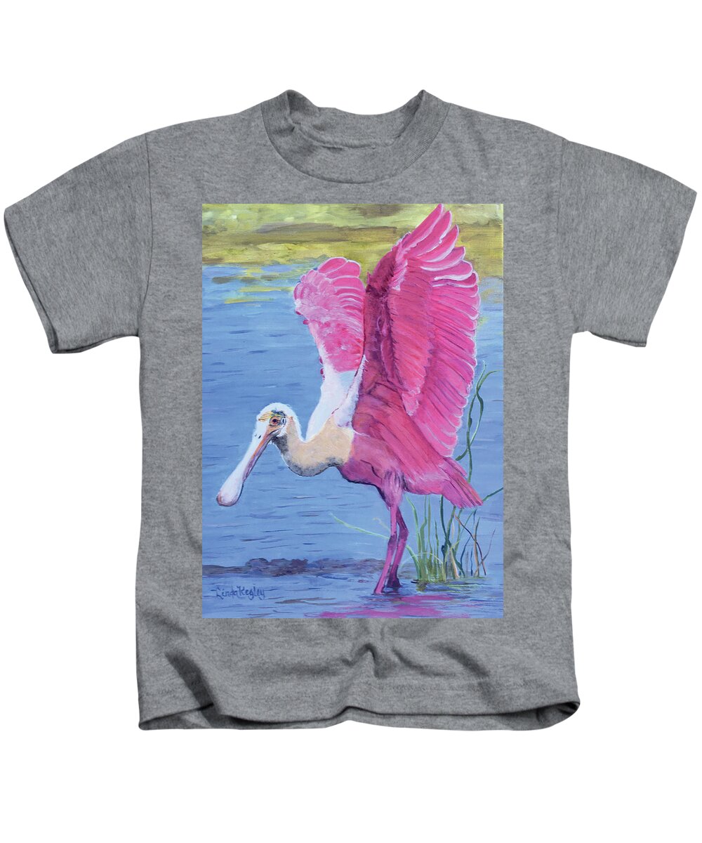 Roseate Spoonbill Kids T-Shirt featuring the painting Pretty in Pink by Linda Kegley