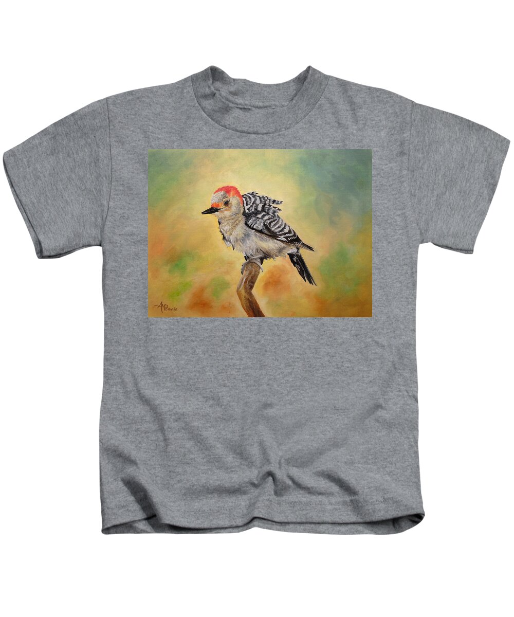 Woodpecker Kids T-Shirt featuring the painting Pretty Woodpecker by Angeles M Pomata