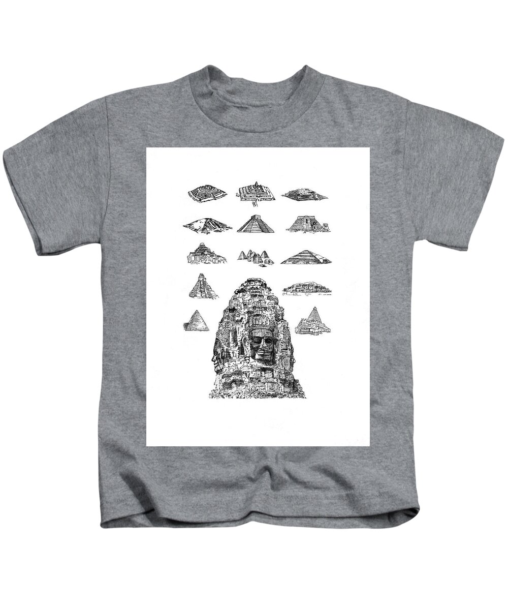 Pyramid Kids T-Shirt featuring the drawing Pyramids of the World by Trevor Grassi