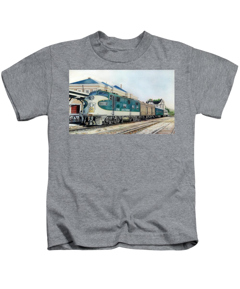 Train Kids T-Shirt featuring the drawing Queen City Bound by David Neace CPX