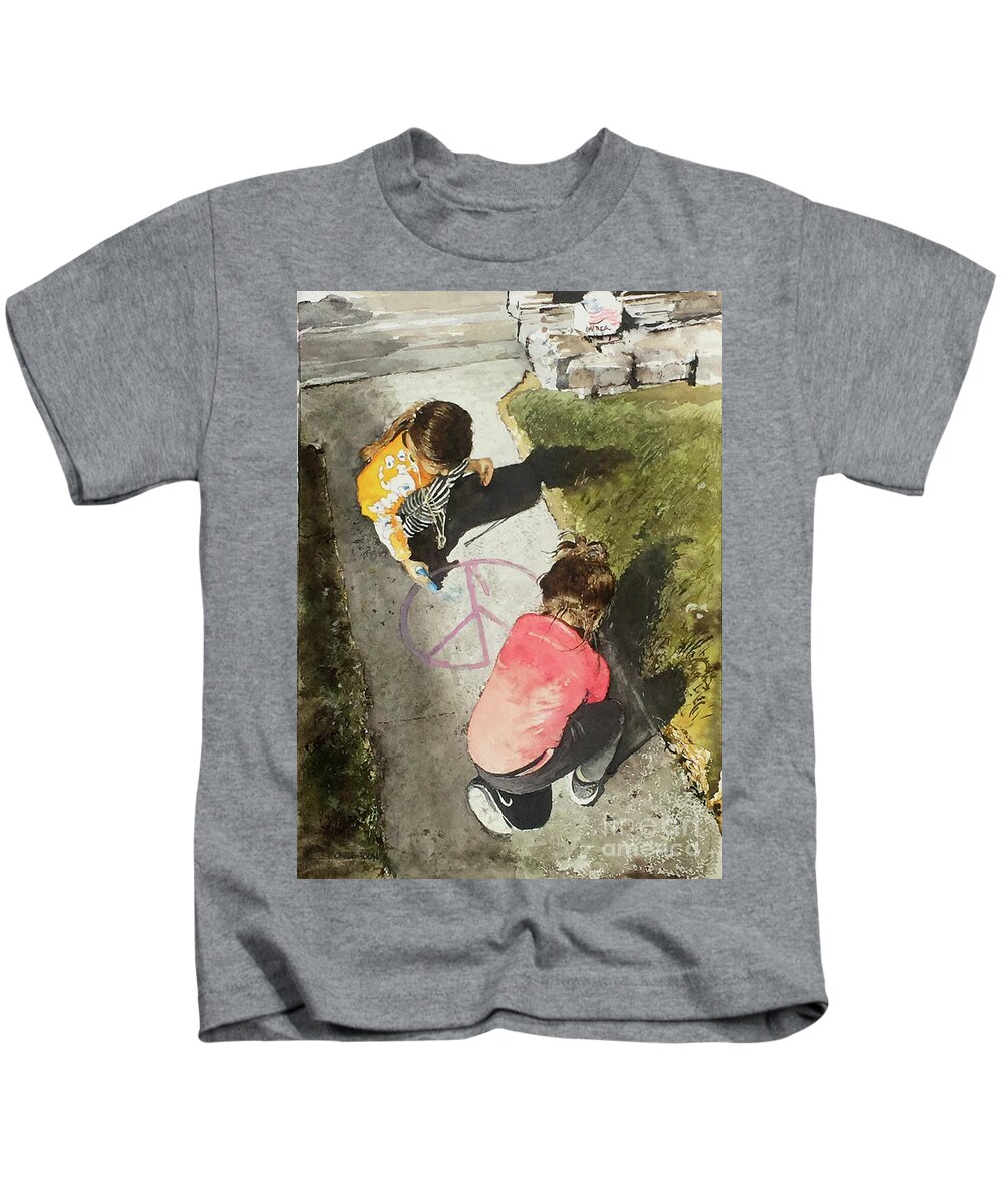 Two Young Girls Draw Chalk Images On A Sidewalk. One Image Is A Peace Sign. Kids T-Shirt featuring the painting Retro by Monte Toon
