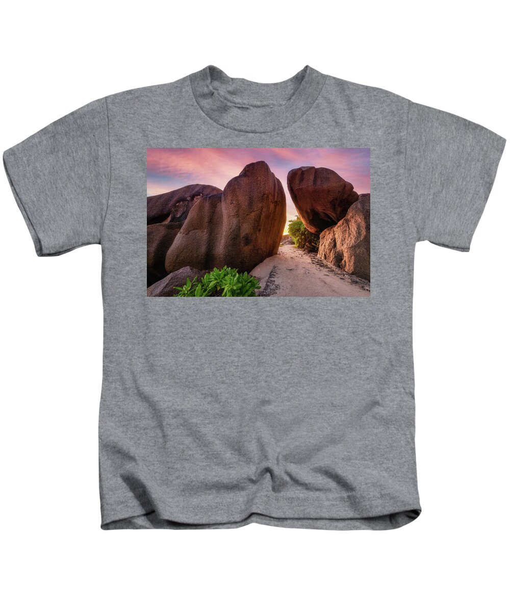 Tropical Kids T-Shirt featuring the photograph Rocks at sunset by Erika Valkovicova