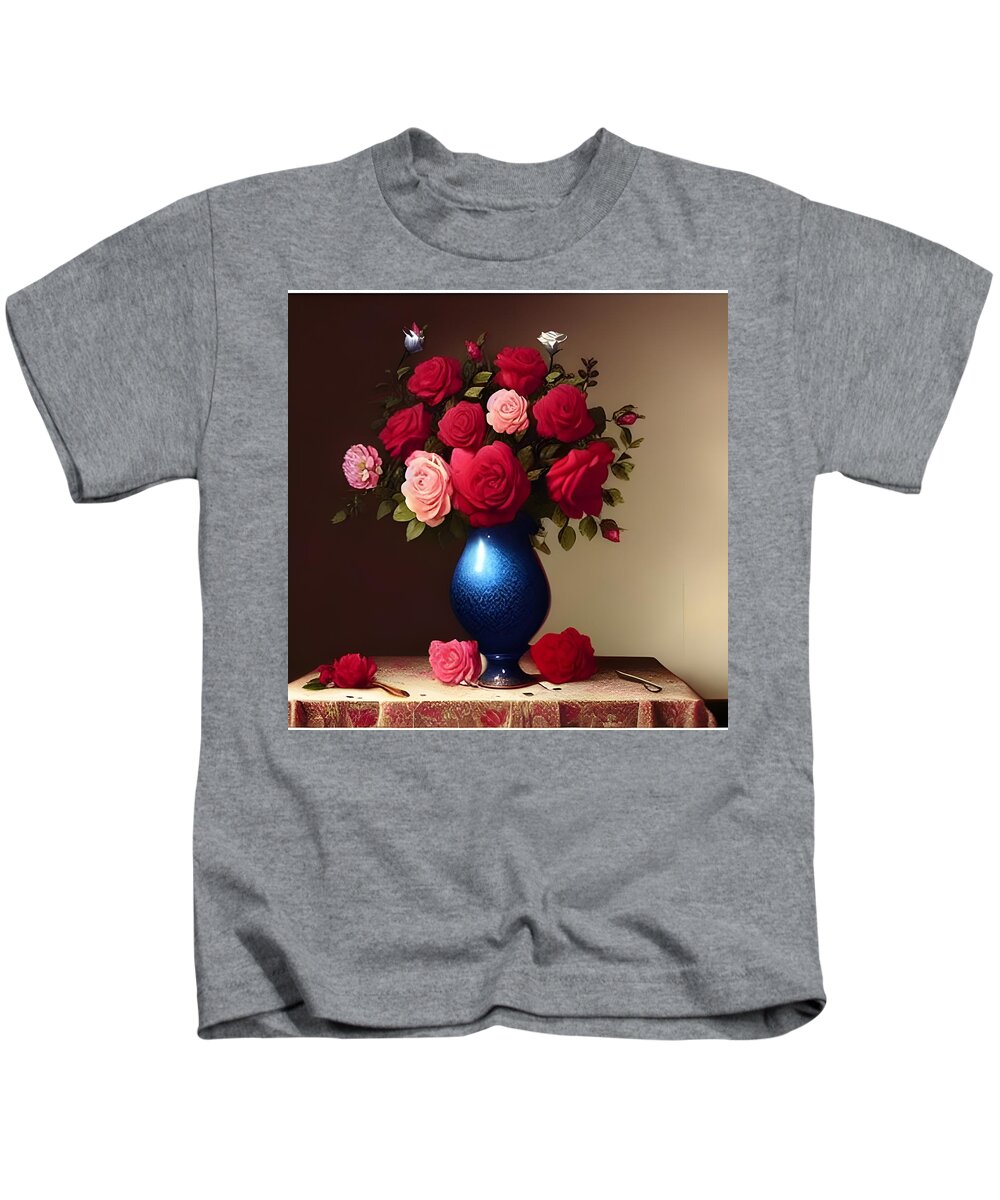 Roses Kids T-Shirt featuring the digital art Roses in Blue Vase by Katrina Gunn