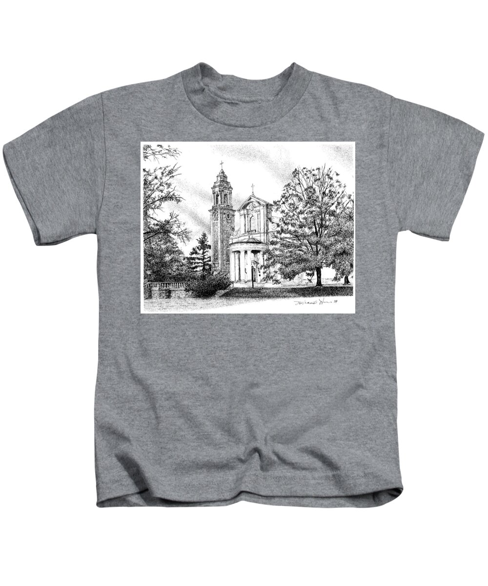 Churches Kids T-Shirt featuring the drawing Saint Martin's Chapel, Saint Charles Borromeo Seminary by Stephanie Huber