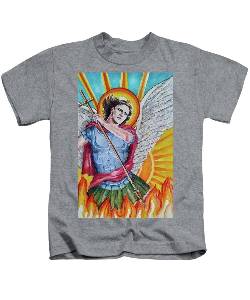Angel Kids T-Shirt featuring the painting Saint Michael fighting darkness by Carolina Prieto Moreno