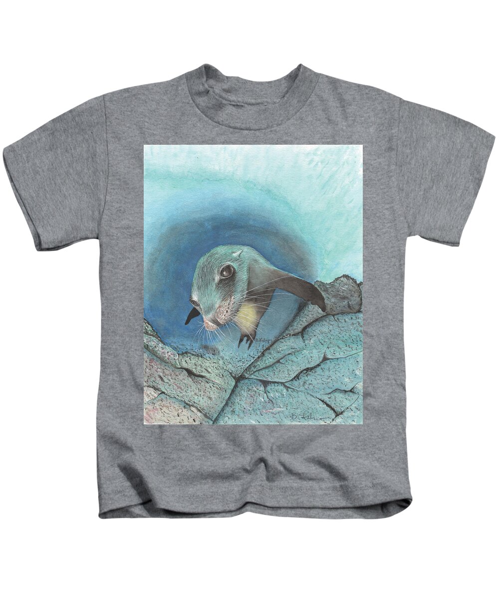 Seal Kids T-Shirt featuring the painting Seal Pup by Bob Labno